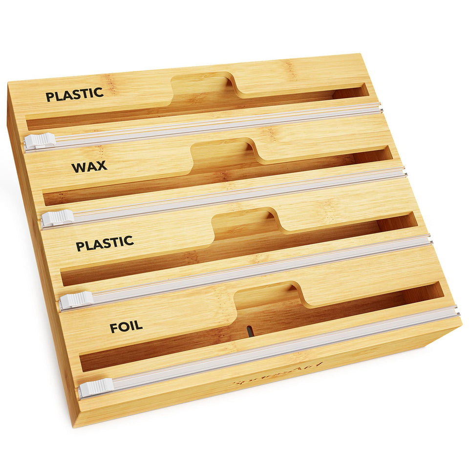 SpaceAid WrapNeat bamboo organizer four-slot view showing organized wraps.