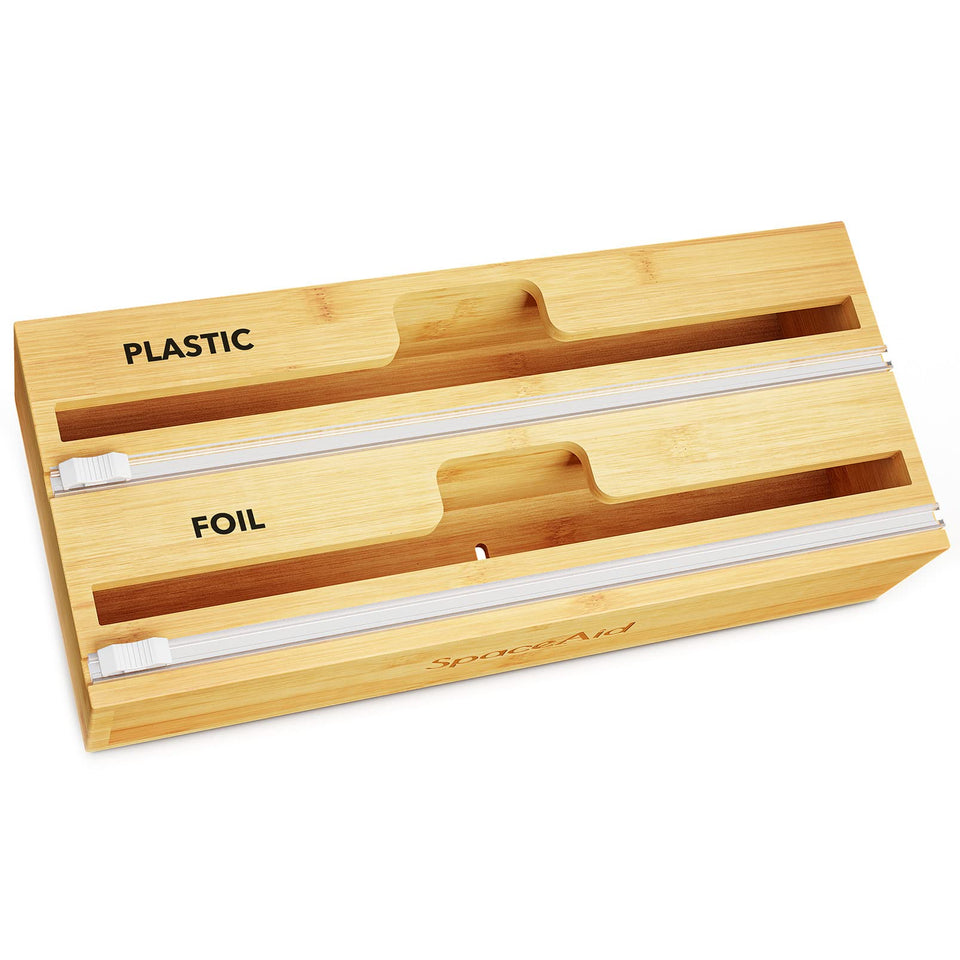 SpaceAid WrapNeat close-up of bamboo organizer showing the natural finish and tidy storage benefits