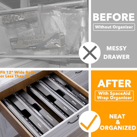 SpaceAid bamboo wrap dispenser showing labeled slots for plastic wrap, foil, wax