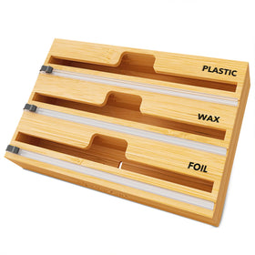 SpaceAid WrapNeat bamboo wrap organizer with central opening for easy roll starts.