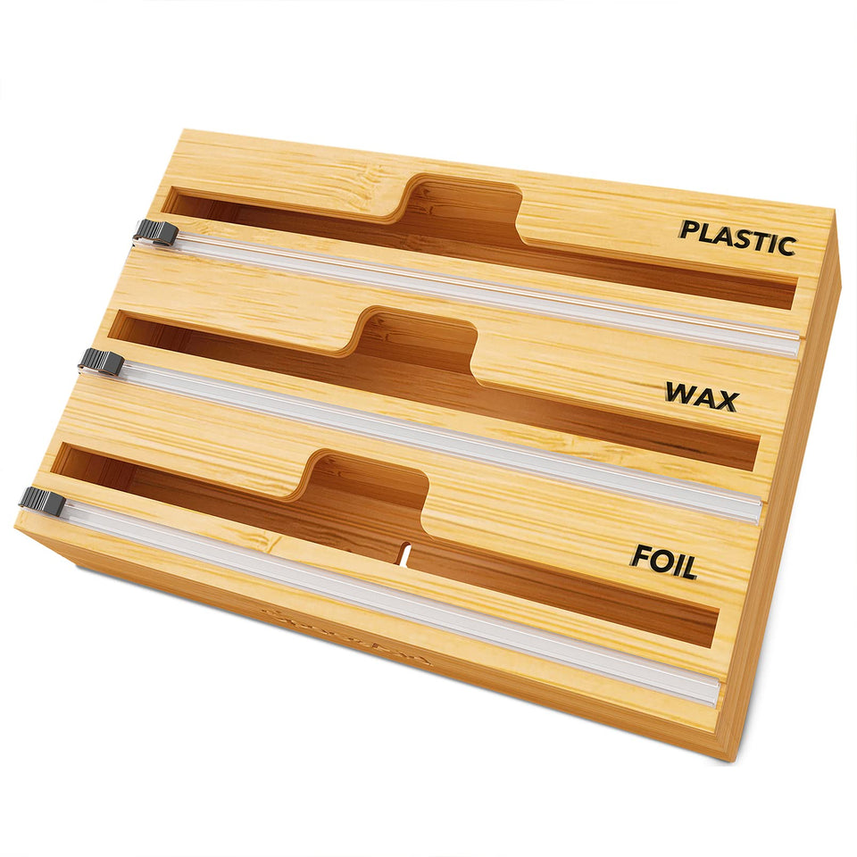 SpaceAid WrapNeat bamboo wrap organizer with central opening for easy roll starts.