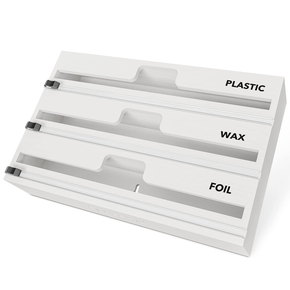 SpaceAid WrapNeat white box closed, neatly organizing plastic wrap, foil, and wax paper.