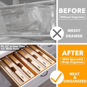 SpaceAid WrapNeat in a drawer setup illustrating two-slot design for easy wrap access