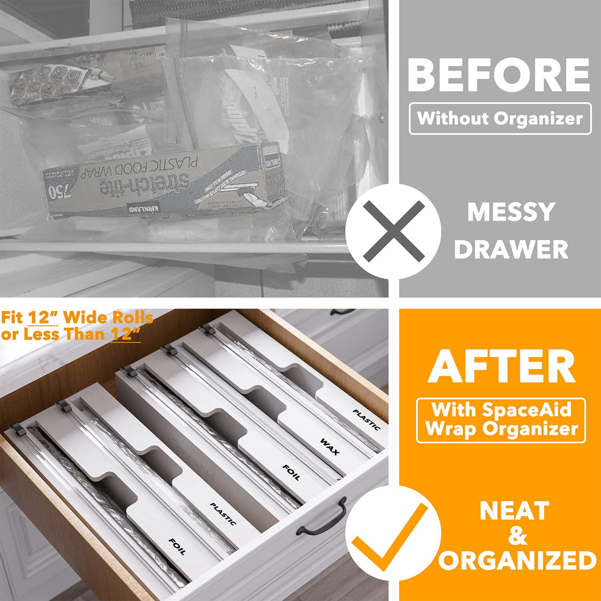 SpaceAid WrapNeat drawer with three slots for easy roll access.