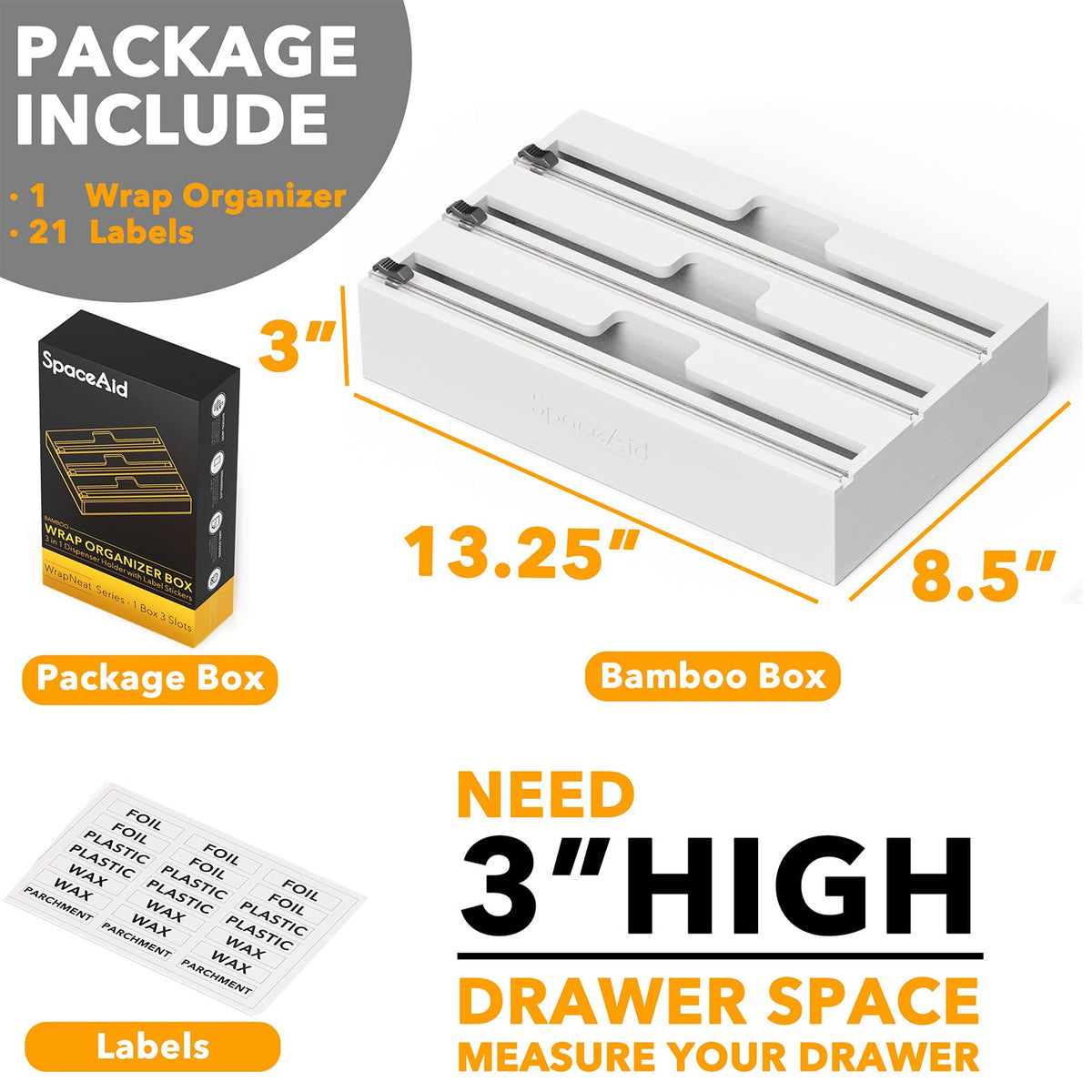 SpaceAid WrapNeat includes 21 label stickers to identify contents.