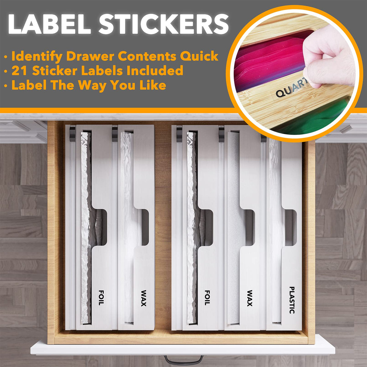 SpaceAid WrapNeat three-slot organizer keeps wraps in place during dispensing.