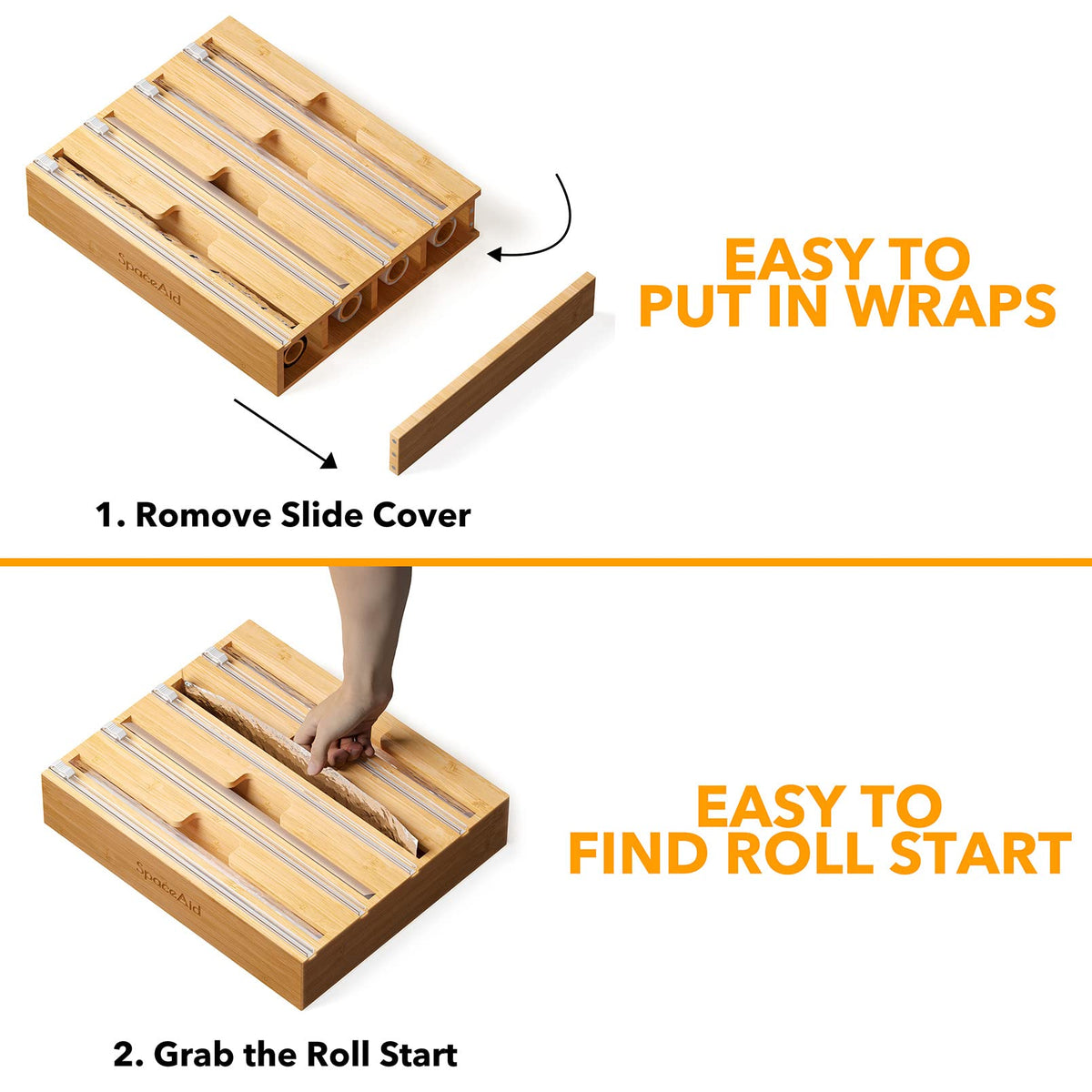 SpaceAid WrapNeat wide opening helps you find the roll start quickly.