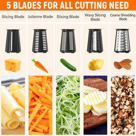 SpaceHacks hand crank vegetable chopper in action with blade swaps.