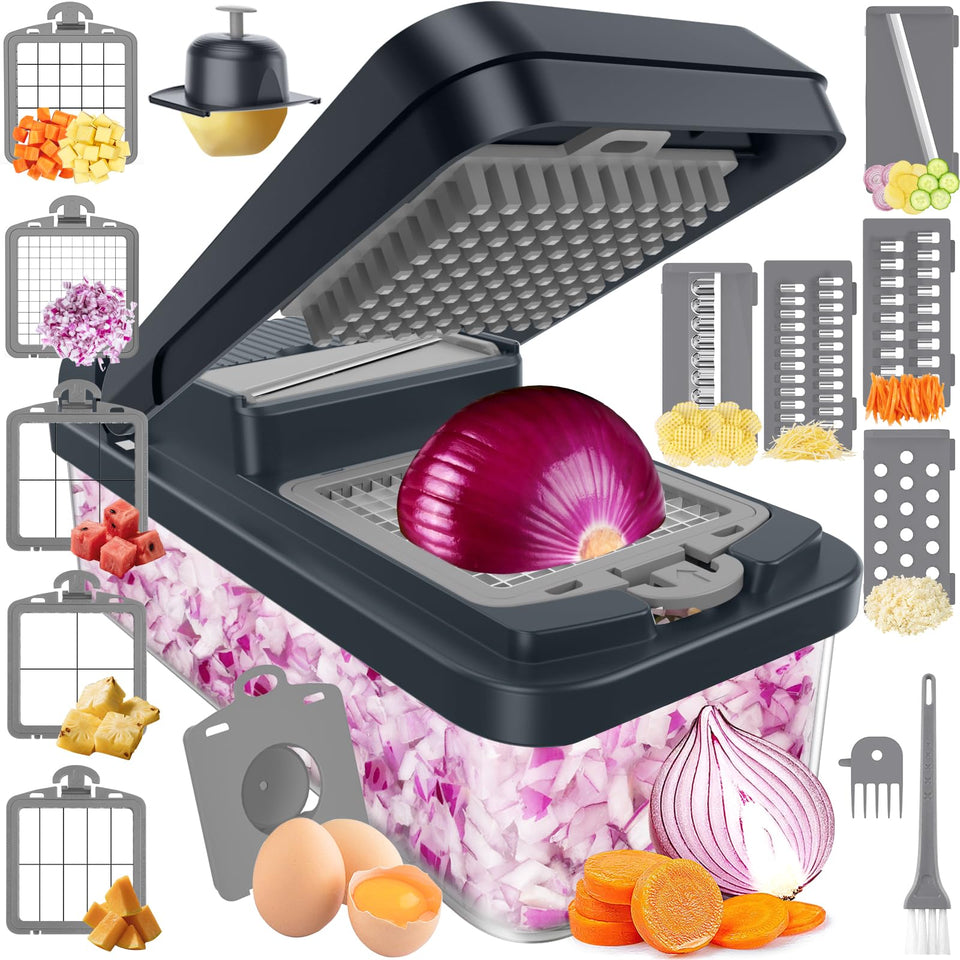 SpaceHacks vegetable chopper with 10 blades enabling quick, uniform cuts for every prep.