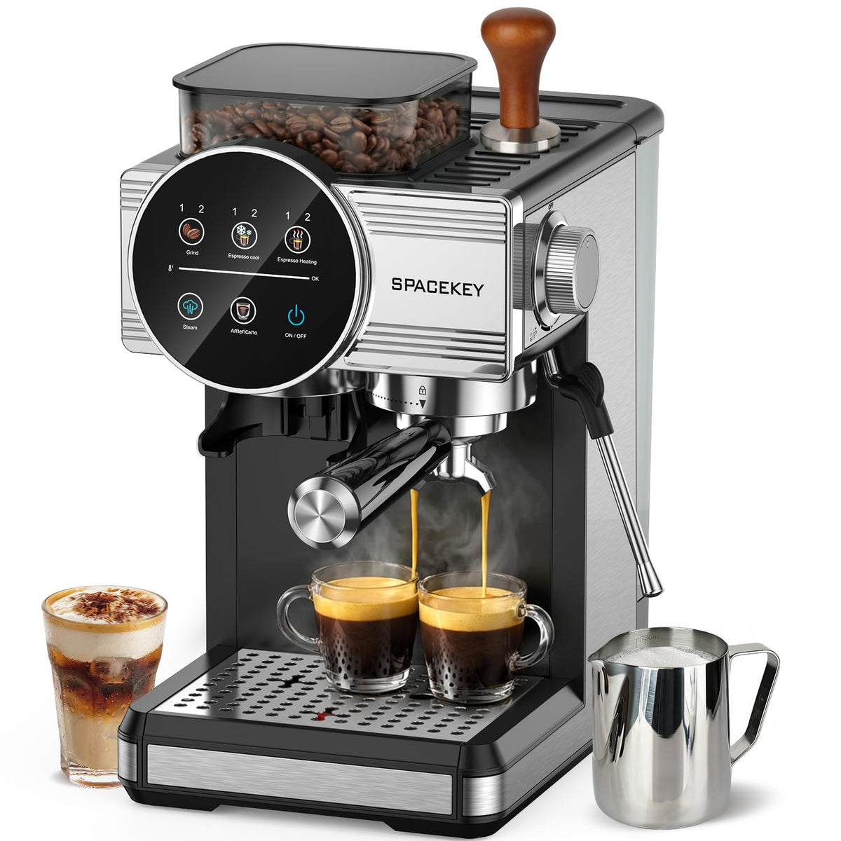 Spacekey espresso machine front view for compact home use and easy setup.
