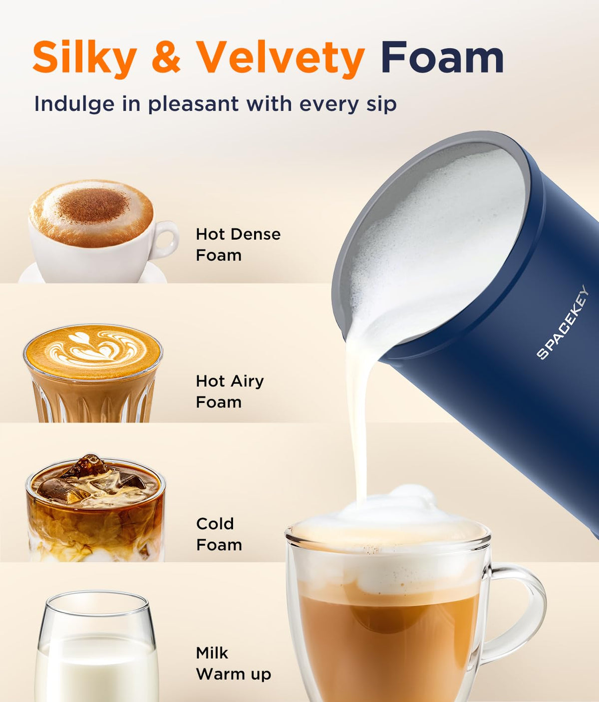 Spacekey Milk Frother four-in-one function, heats and foams in one device