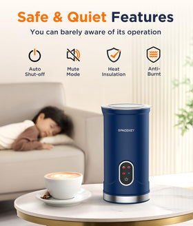 Spacekey Milk Frother mute mode indicator, whisper-quiet frothing for morning routines