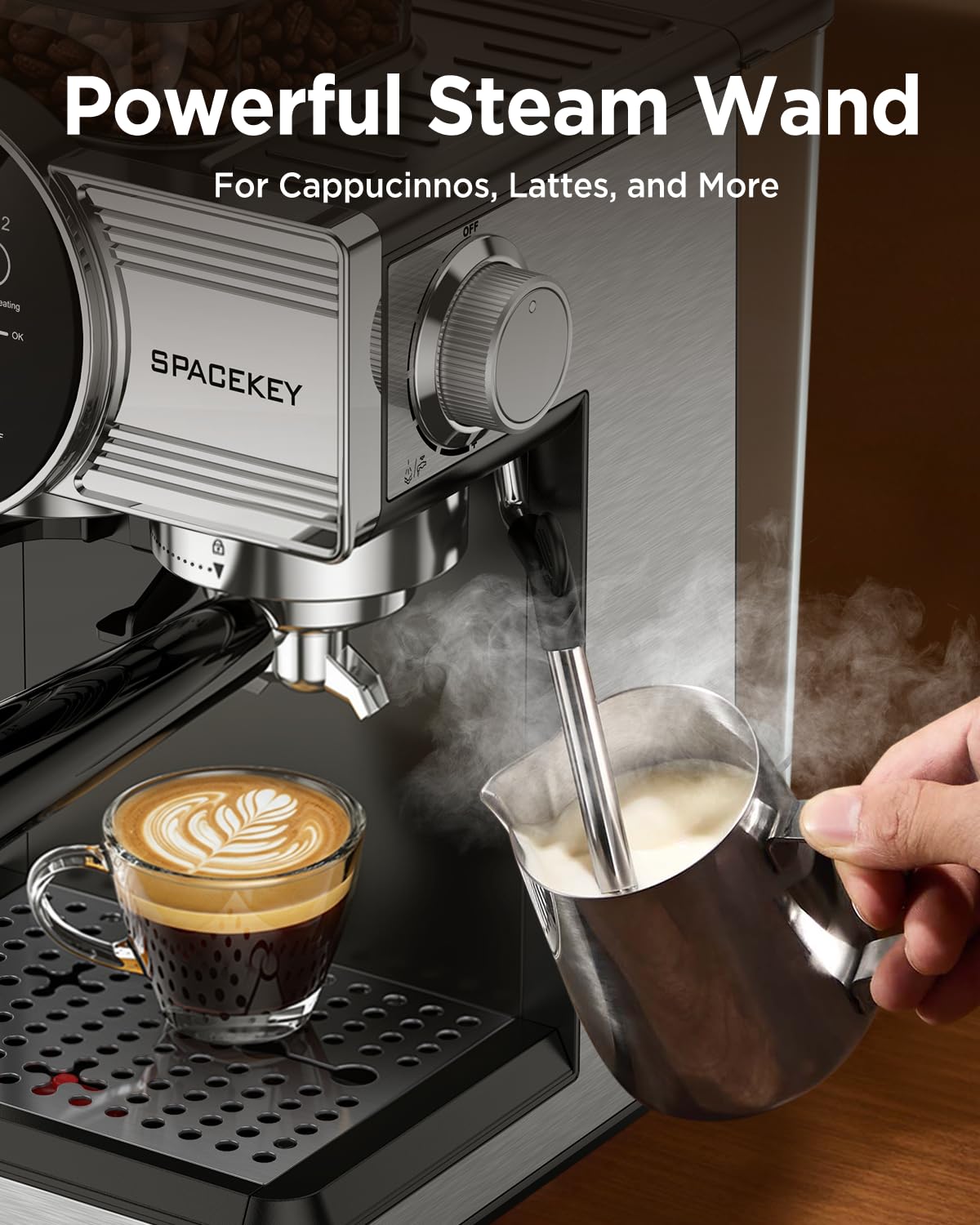 Spacekey steam wand with milk texture capability supports cafe-style lattes and cappuccinos.