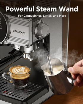 Spacekey steam wand with milk texture capability supports cafe-style lattes and cappuccinos.