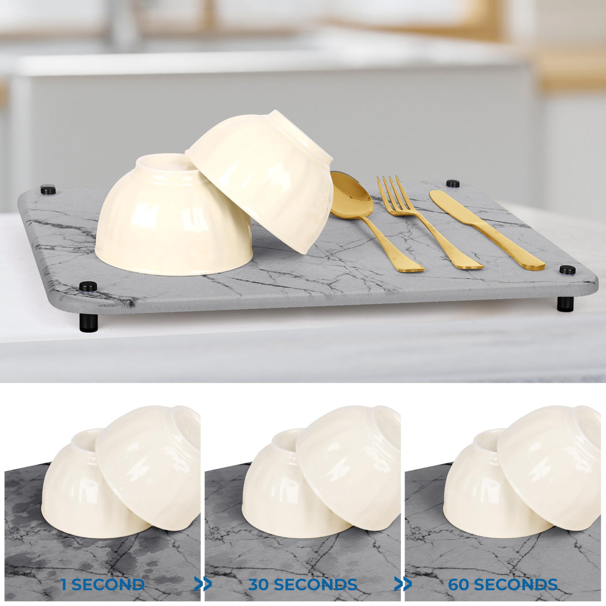 Spaceneat diatomite surface quickly absorbs moisture to minimize water spots.