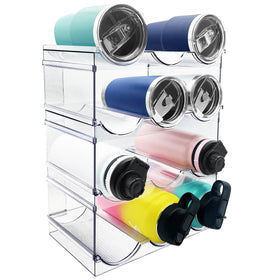 Spaclear 4-pack bottle organizer on shelves enables tidy, accessible storage.