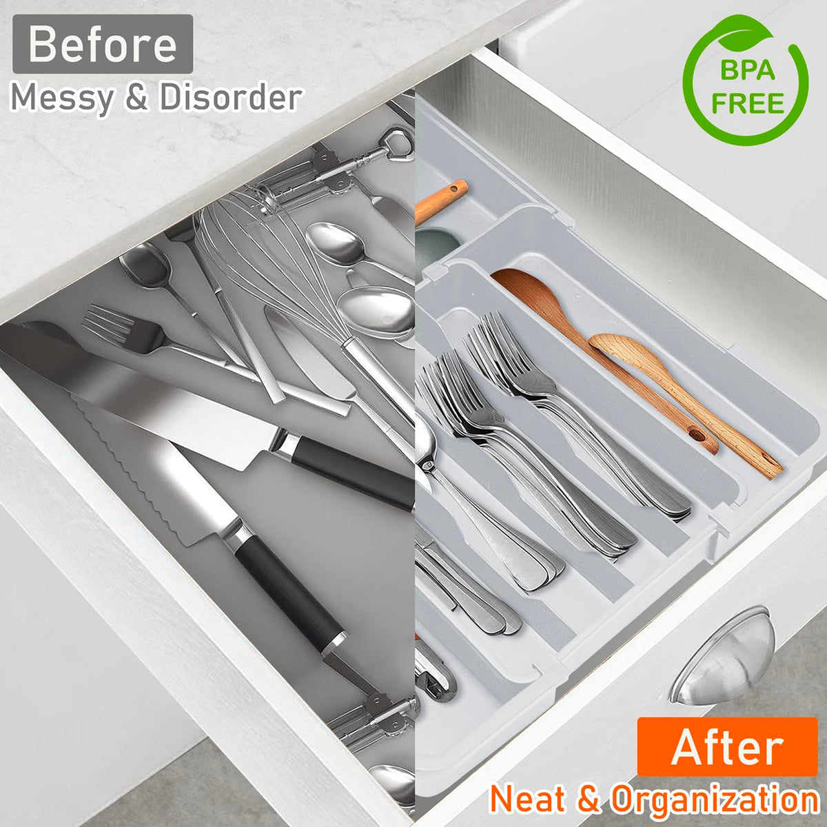 Groove design enables quick access to flatware.