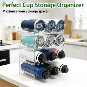 Spaclear bottle organizer fits fridge or cabinet for quick beverage access.