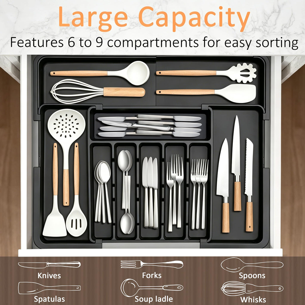 Spaclear curved grooves provide easy access to forks and spoons.