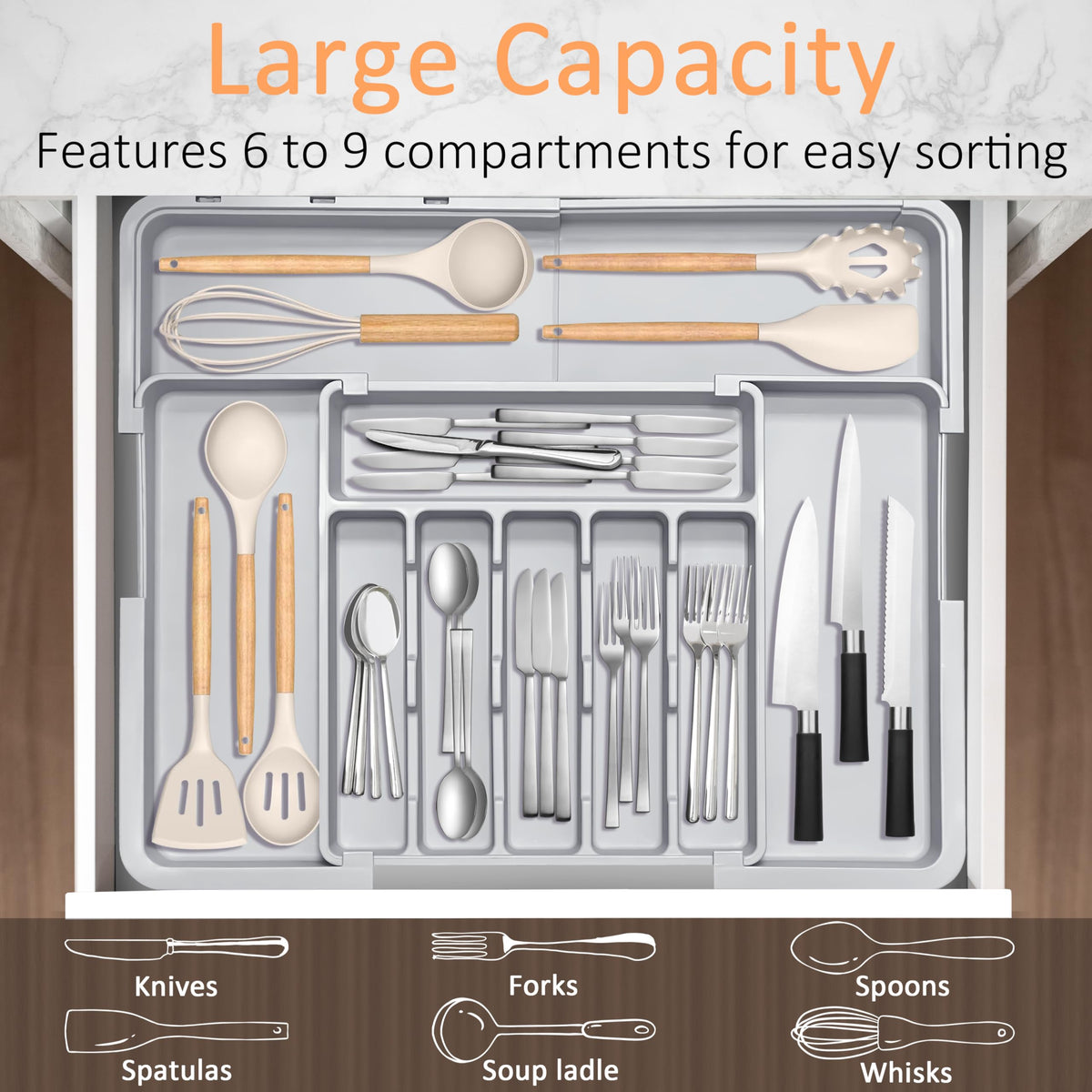 Spaclear curved grooves offer easy access and utensil separation