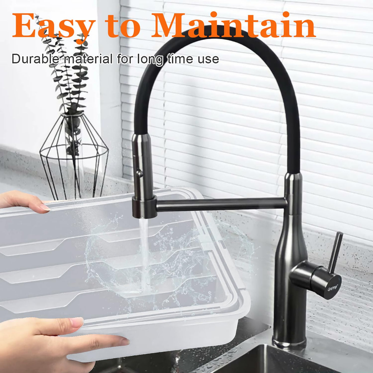 Slim-edged layout maximizes drawer space for longer utensils.