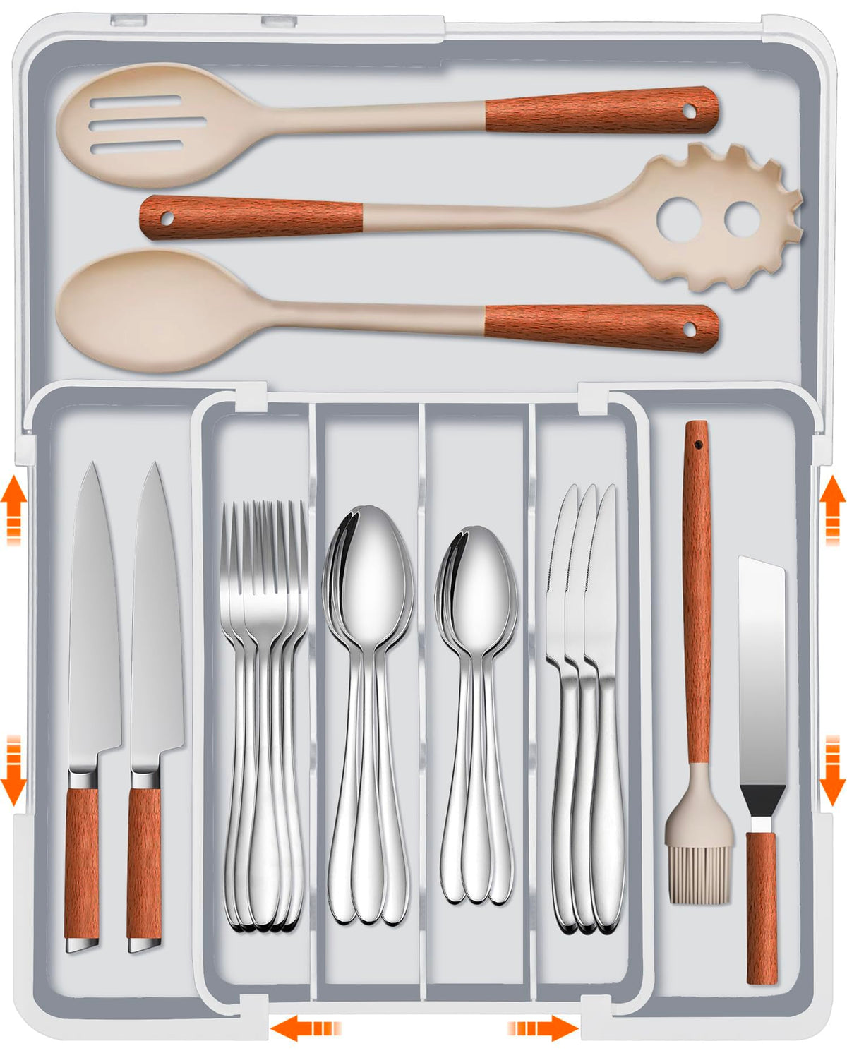Spaclear expandable organizer keeps forks, knives, and spoons neatly separated.