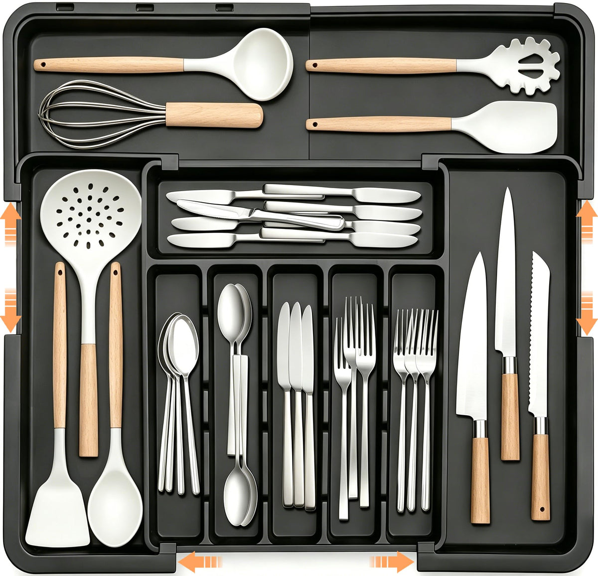Spaclear expandable silverware organizer fully expanded in a wide drawer for nine-slot capacity.
