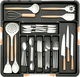 Spaclear expandable silverware organizer fully expanded in a wide drawer for nine-slot capacity.