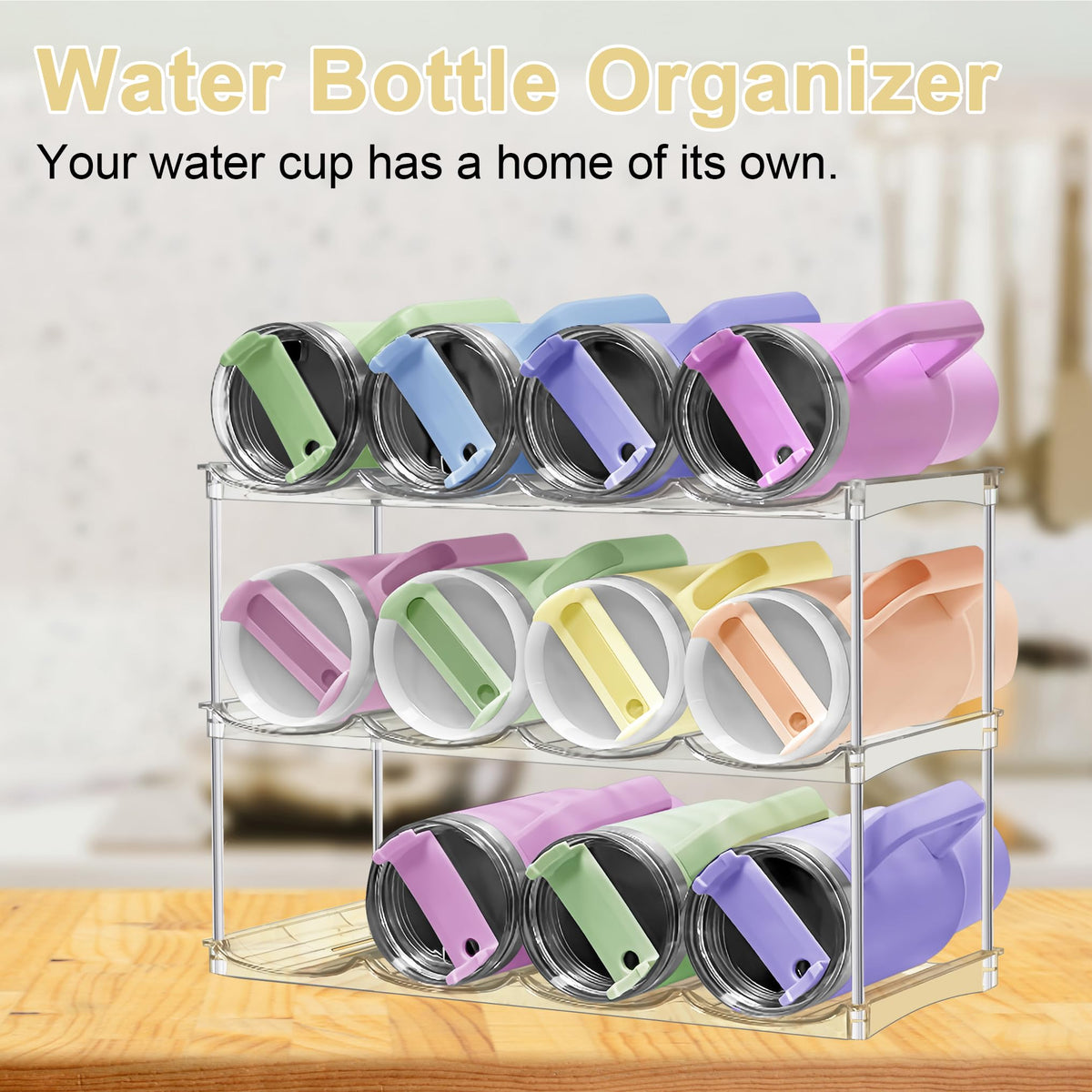 Spaclear multi-size bottle organizer fits Stanley and other large tumblers.