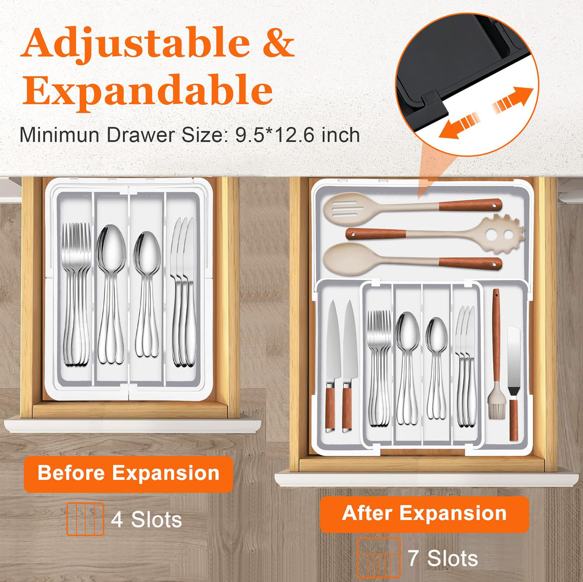 Spaclear folded to expanded dimensions display for versatile drawer sizing.