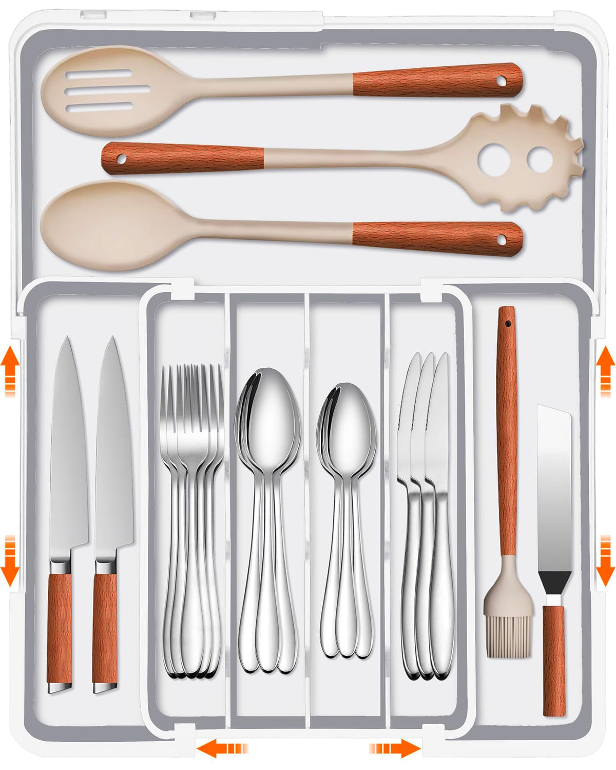 Spaclear silverware organizer front view with seven compartments for quick, tidy drawer storage.