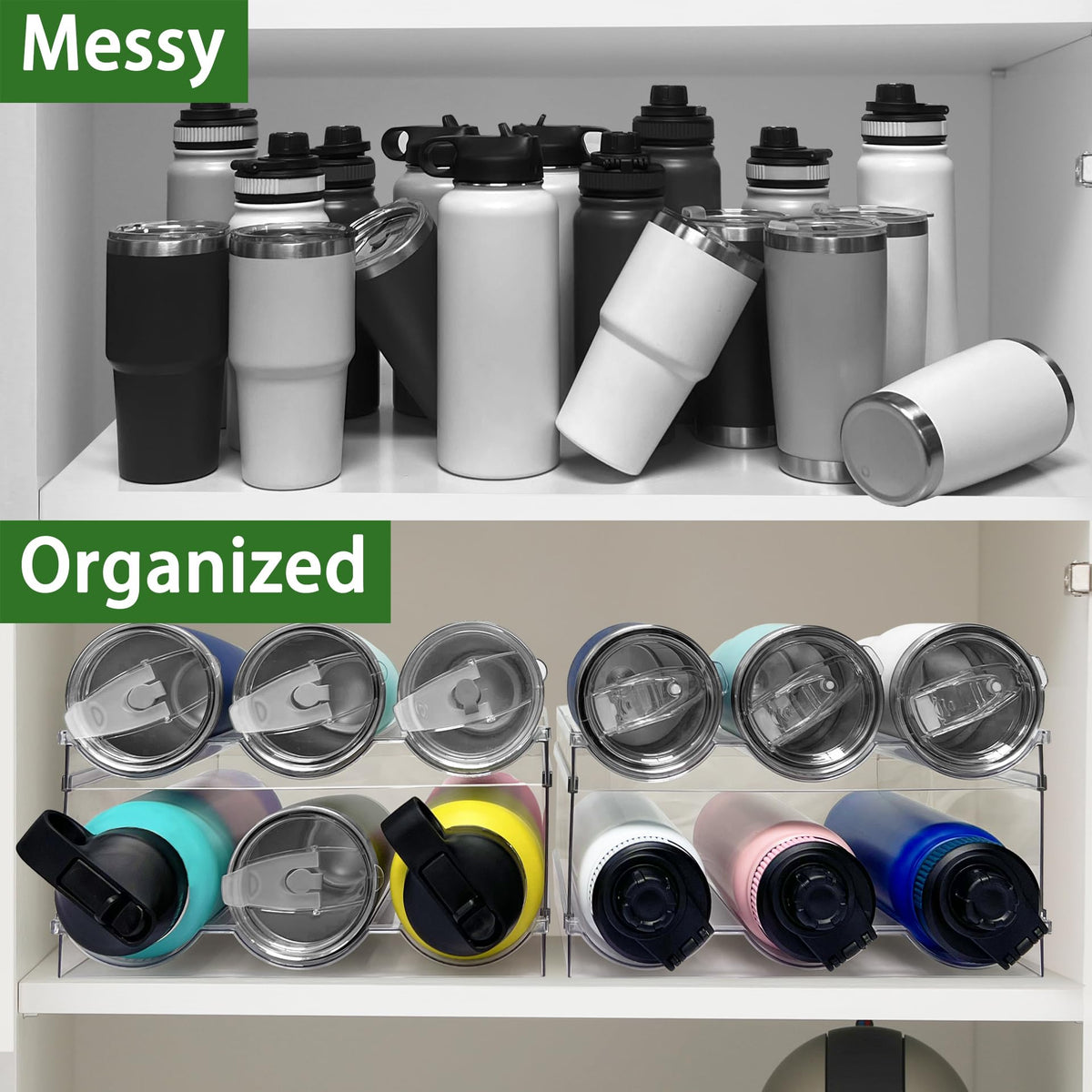 Spaclear bottle holders compatible with 12 oz to 32 oz bottles for versatile storage.