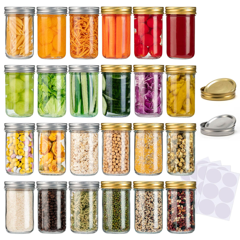 SPANLA 8 oz mason jar set with 12 silver lids for easy pantry organization.