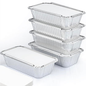 Spare Essentials 55-pack aluminum loaf pans with lids for baking and convenient storage.