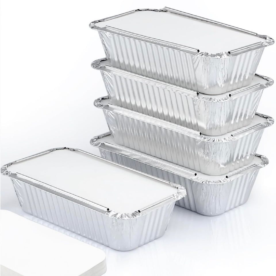 Spare Essentials 55-pack aluminum loaf pans with lids for baking and convenient storage.