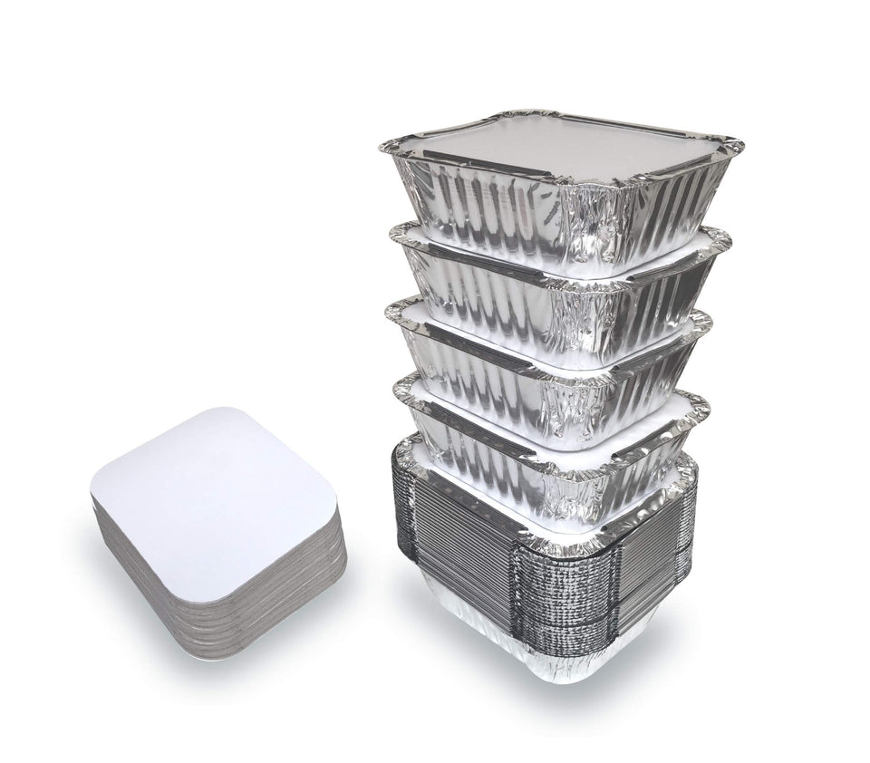 Spare Essentials 55 Pack small foil pans with lids on tray for easy takeout meals