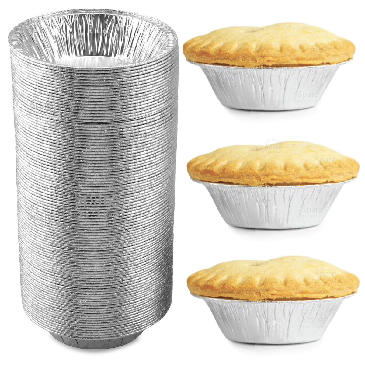 Spare Essentials 5-inch aluminum pie pans assembled for bulk baking and easy serving.