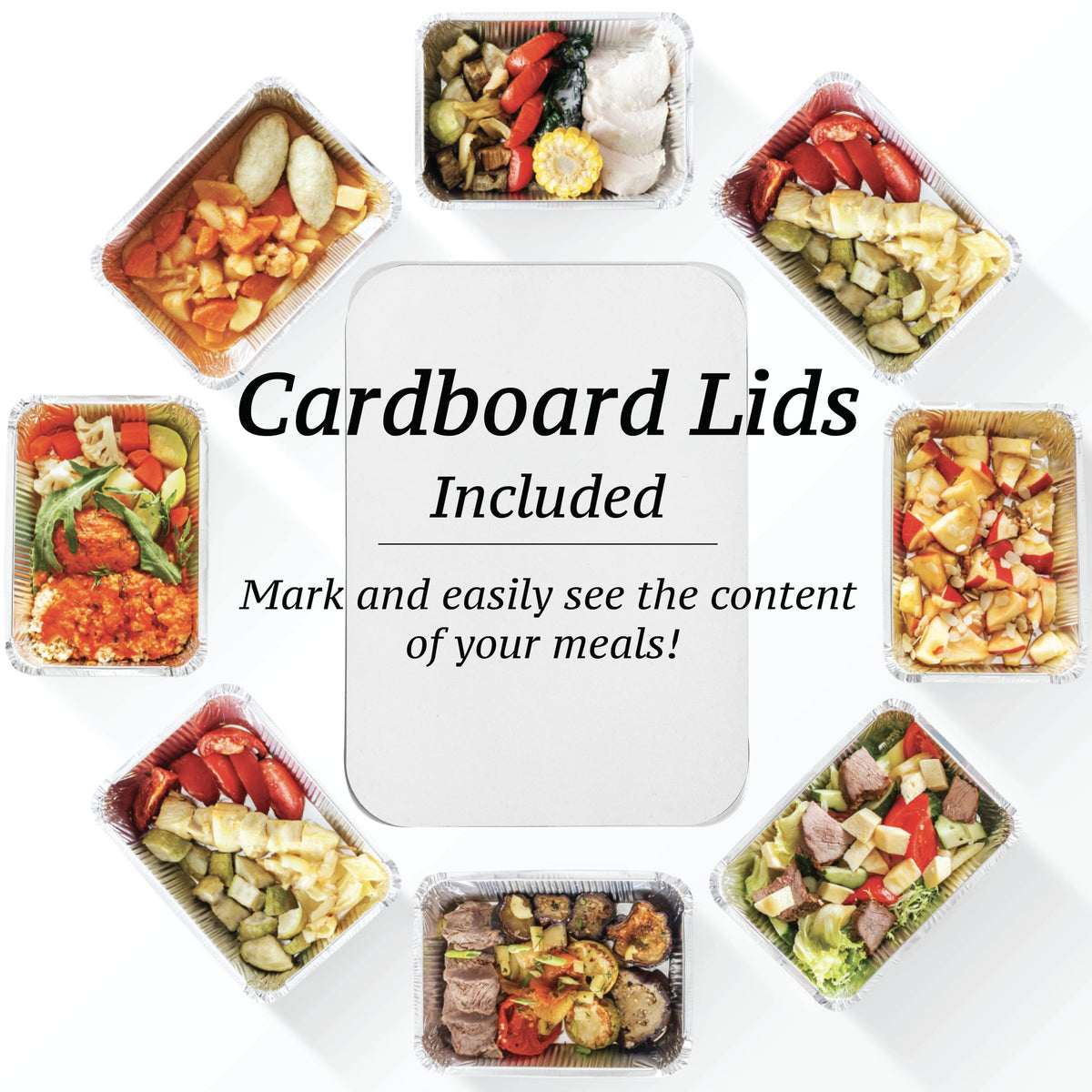 Spare Essentials cardboard lids with foil-laminated seal for heat retention