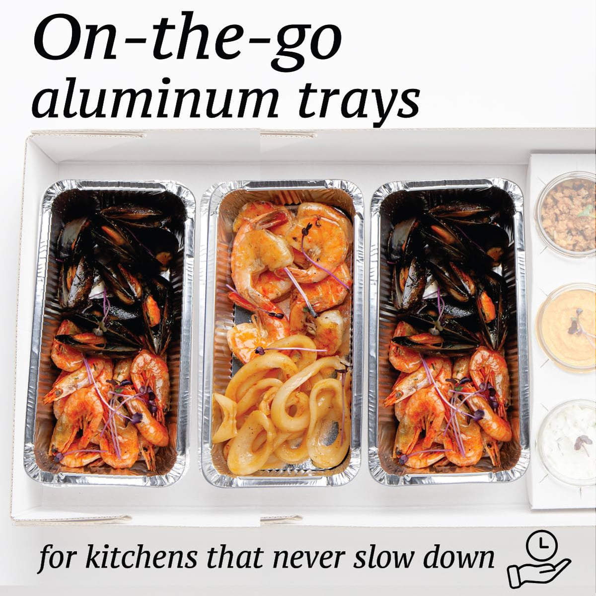 Spare Essentials sturdy aluminum pans designed for busy kitchens and takeout service.