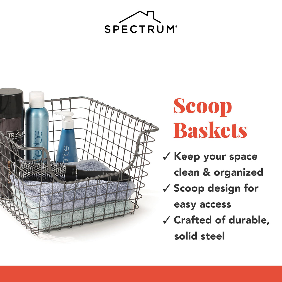 Spectrum bathroom-toiletries basket provides stylish utility with easy access.