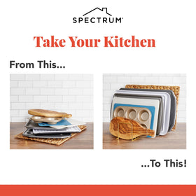 Spectrum Euro bakeware storage and plates highlights vertical organization for cabinets.