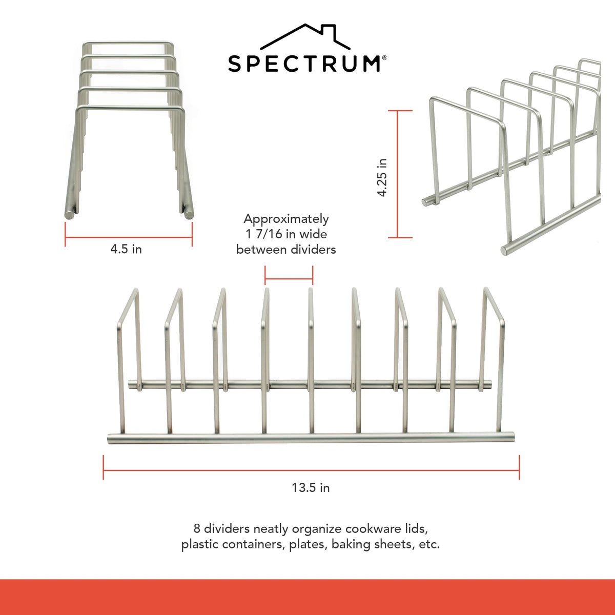 Spectrum Euro Kitchen Organizer compact depth demonstrates 4.5 inch depth for countertops and cabinets.
