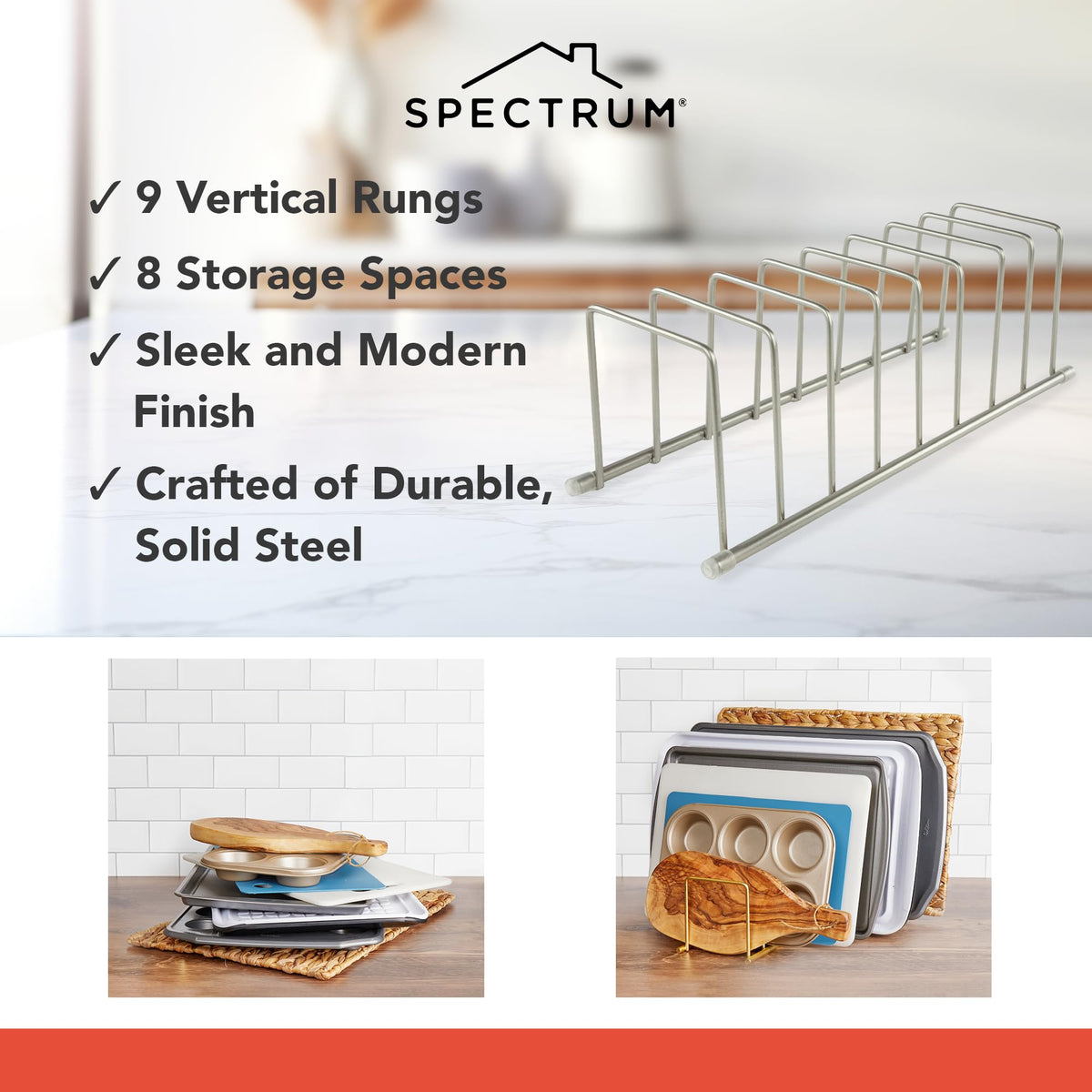 Spectrum Euro Kitchen Organizer as a dish-drying rack keeping boards and bakeware elevated.