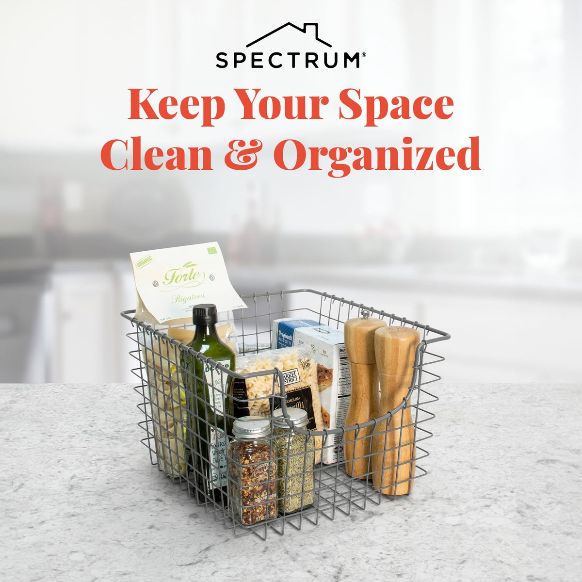 Spectrum industrial-gray-finish basket adds modern style while keeping items within reach.