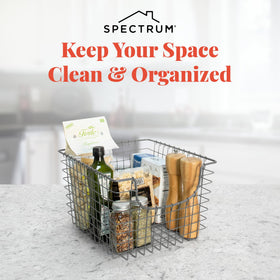 Spectrum industrial-gray-finish basket adds modern style while keeping items within reach.