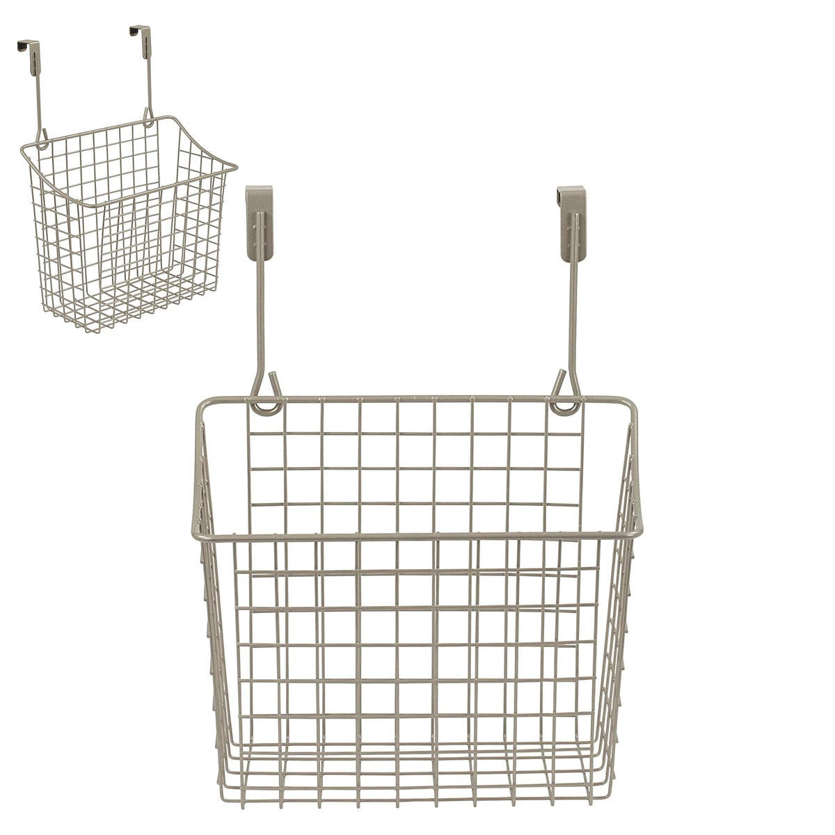 Spectrum satin nickel over-cabinet door organizer front view showing open-wire storage for easy cleaning-supplies access