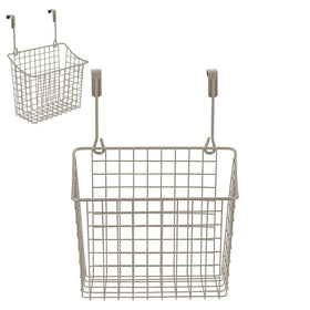 Spectrum satin nickel over-cabinet door organizer front view showing open-wire storage for easy cleaning-supplies access