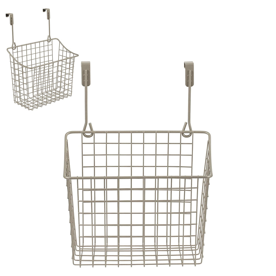 Spectrum satin nickel over-cabinet door organizer front view showing open-wire storage for easy cleaning-supplies access