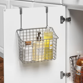 Spectrum satin-nickel basket over door with padded brackets installed, showcasing tool-free setup