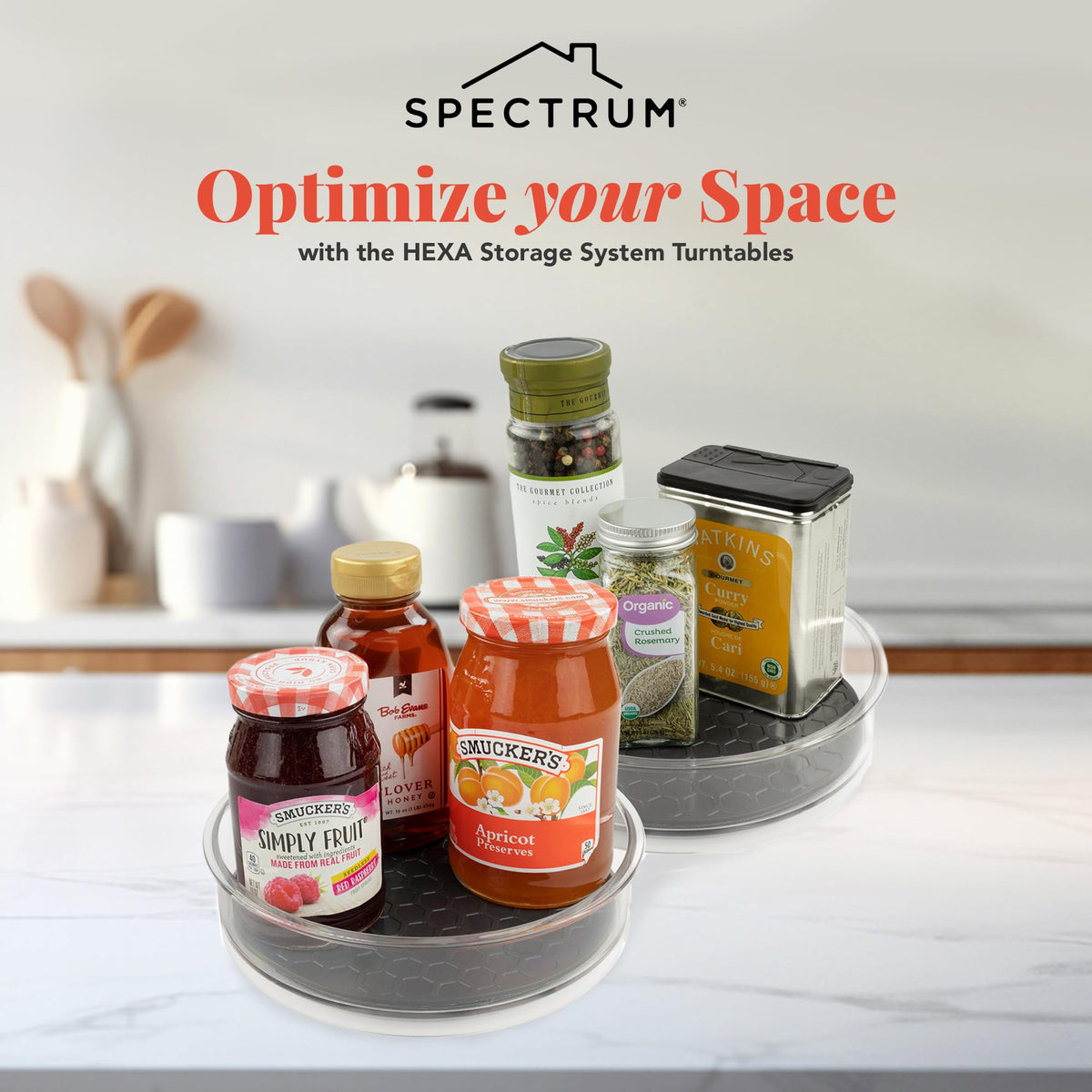 Spectrum lazy susan 7in condiments neatly arranged in a compact pantry.